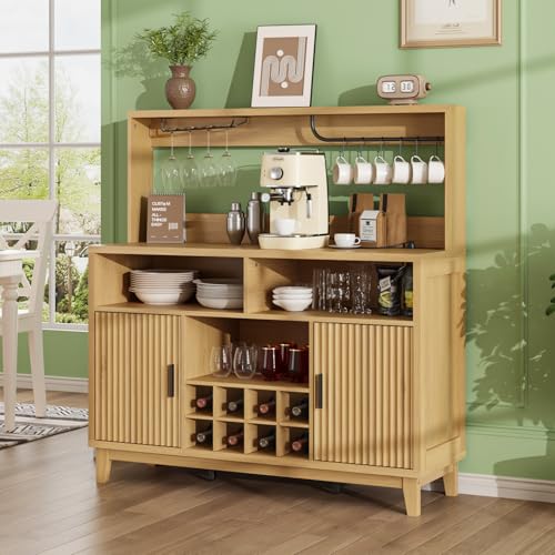 Fluted Buffet Cabinet with Storage, Modern Coffee Bar Cabinet, Natural | Power Outlet, Removable Wine Rack, Glass Holder, Multi-Functional Accent Liquor Cabinet for Living Room, Entryway, Kitchen ﻿ - color: Wood Grain, size: Coffee Bar - 15.6"D x 47.2"W x