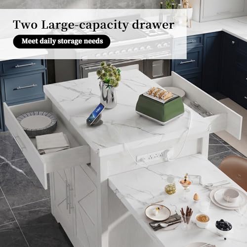FUSUNBAO 78'' Kitchen Island with Extendable Dining Table for 4-6, Farmhouse Rolling Mobile Center Islands with Storage, Wine Glass Rack, Charging Station, 2 Drawers 2 Side Open Shelves, White - color: White