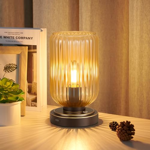 LightRound Cordless Table Lamp for Bedroom, Touch Stepless Dimmable Modern | 7500mAh Rechargeable Battery, Amber Glass Shade,Oil Rubbed Bronze Base, Bulb Included, Wireless Lamp for Desk, Living Room - color: Amber Glass-Oil Rubbed Bronze Base
