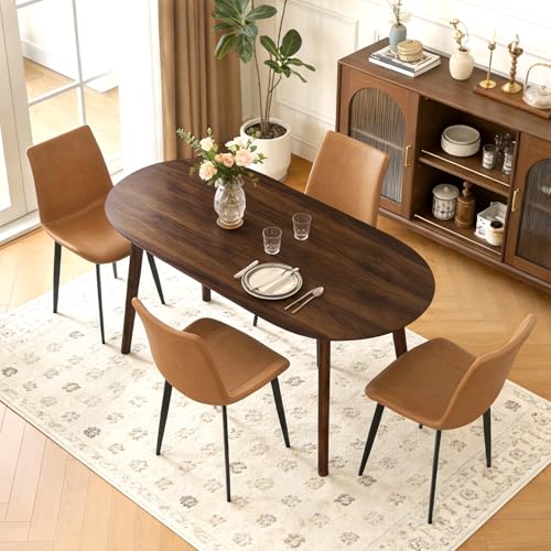 63" Oval Dining Table Set for 4 with Solid Wood Legs | 5 Piece Walnut Dining Table Set for Kitchen and Dining Room Furniture, 4 PU Brown Dining Chairs, Mid Century Modern - color: Walnut Table Brown Chairs
