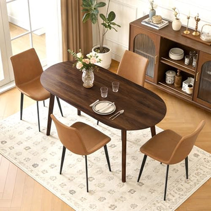 63" Oval Dining Table Set for 4 with Solid Wood Legs | 5 Piece Walnut Dining Table Set for Kitchen and Dining Room Furniture, 4 PU Brown Dining Chairs, Mid Century Modern - color: Walnut Table Brown Chairs