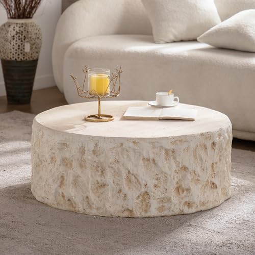 31.5" Round Coffee Table Magnesium Oxide Centre Table, Mid-Century Modern Faux Stone Tea Table for Living Room Apartment, No Need Assembly - Amber, Beige - color: H-31.5" Round Beige