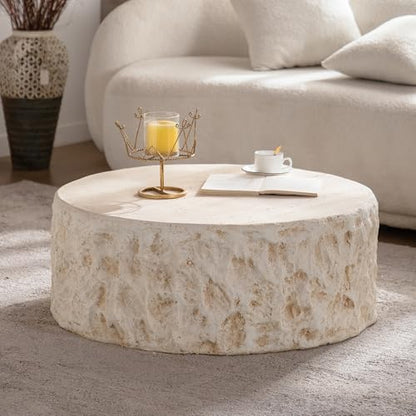 31.5" Round Coffee Table Magnesium Oxide Centre Table, Mid-Century Modern Faux Stone Tea Table for Living Room Apartment, No Need Assembly - Amber, Beige - color: H-31.5" Round Beige