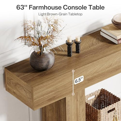 Tribesigns 63" Console Table, Farmhouse 2-Tier Entryway Table with U-Shaped Base, Narrow Long Wood Sofa Table Behind Couch Table for Living Room, Hallway, Foyer, Light Brown - color: Light Brown