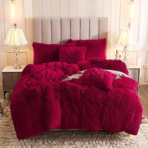 Faux Fur Velvet Fluffy Bedding Duvet Cover Set Down Comforter Quilt Cover with Pillow Sham, Ultra Soft Warm (Burgundy, Twin) - color: Burgundy, size: Twin