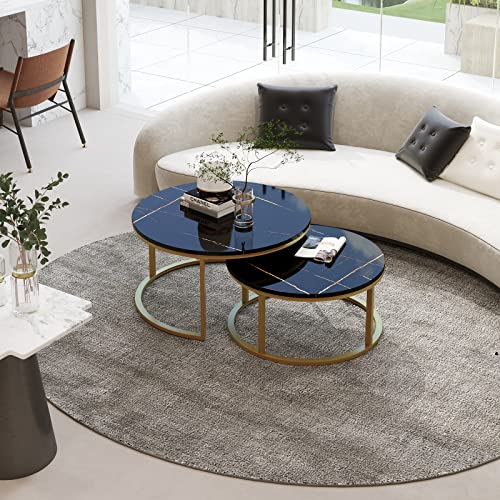 WiberWi Round Coffee Table Nesting Tables Set of 2, Large : Ø 34.0", Small : Ø 26.0", Modern Design Coffee Tables for Living Room, Gold Metal Frame Circle Cocktail Table, High Glossy Faux Black Marble - color: Black Faux Marble