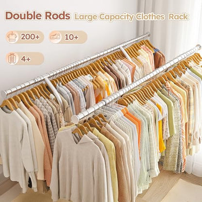 Raybee Heavy Duty Clothes Rack 630 LBS Capacity Double Rods Shelves Storage | 360°Lockable Wheels, Snap-on Design, Tool-free Assembly, Extendable Rods, Adjustable Height, Bedroom Wardrobe Closet Organize - color: Chrome