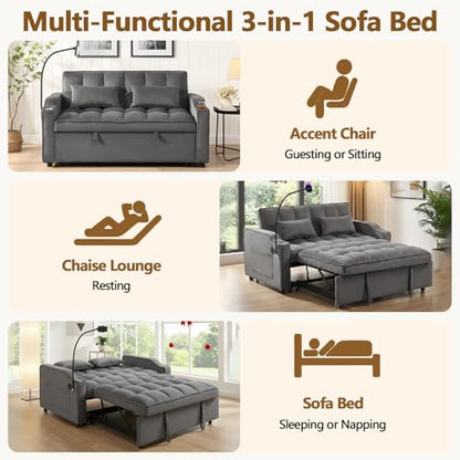 3 In 1 Velvet Convertible Sofa Bed, Pull Out Couch Bed with Reclining Backrest And 2 Pillows, 54" Full Size Loveseat Sleeper Sofa Futon Couch Bed, Couches For Small Spaces, Living Room (Dark Gray①) - color: Dark Gray①