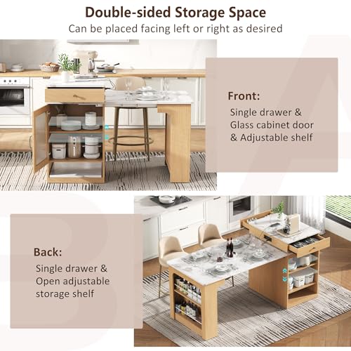 59.5" Kitchen Island with Extendable Dining Table, Kitchen Storage Table with Double-Sided Storage & Drawers, Power Outlet, Side Open Shelves, for Dining Room (Natural3) - color: Natural3