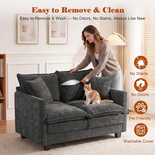 50'' Loveseat Sofa Cloud Sofa Couch, Modern Loveseats 2 Seat Couch 27" Deep Seat with 2 Pillows for Small Spaces Apartment Studio Office Bedroom Living Room, Grey - color: Grey, size: 50"