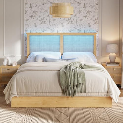Garvee Queen Rattan Bed 4 Drawers Bohemian Headboard for Bedroom | Bohemian queen rattan bed with natural headboard, 4 drawers, LED lights,No box spring needed for bedroom use. - size: Queen(4 Drawers)