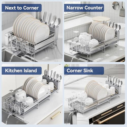Stainless Steel Dish Drying Rack - Expandable Dish Racks for Kitchen Counter Organizer with Drain Board, Detachable Utensil & Cup Holder, Dish Drainer for Small Kitchen Counter, Grey - color: Gray