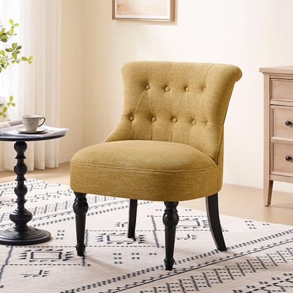 Upholstered Accent Chair, French Country Side Chair (1, Yellow) | with Tufted Backrest, Thick Padded Seat and Solid Wood Legs for Bedroom, Living Room, Vanity & Reading Nook - color: Yellow
