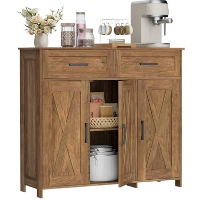Homhedy Coffee Bar Storage Cabinet with Drawers, Kitchen Buffet Cabinet | Sideboard Cabinet with Doors, Farmhouse Buffet Cabinet, Adjustable Shelves, for Kitchen / Dining / Living Room, Rustic Walnut - color: Rustic Walnut