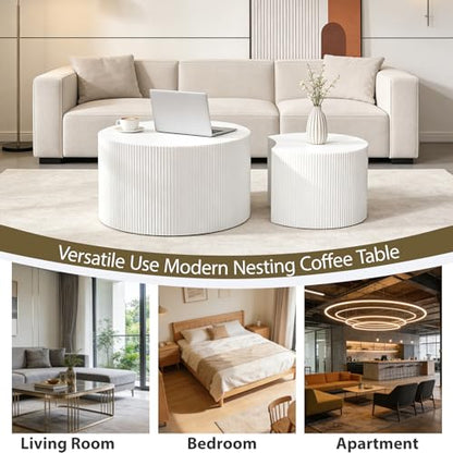 Nesting Coffee Table Set of 2, White 27.5" Round Coffee Table | Wood Fluted Design with Non-Slip Pad, Modern End Table Side Tables for Living Room Bedroom Balcony Yard - color: White 27.5"