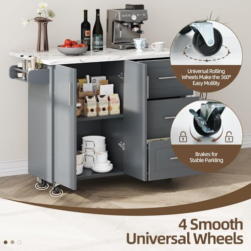 4 EVER WINNER 43" Kitchen Island with Drop Leaf, Rolling Kitchen Island | Modern Design, 4 Wheels, 3 Storage Drawers, Adjustable Shelf, Spice Rack & Towel Rack, Faux Marble Tabletop, Grey - style: Gray