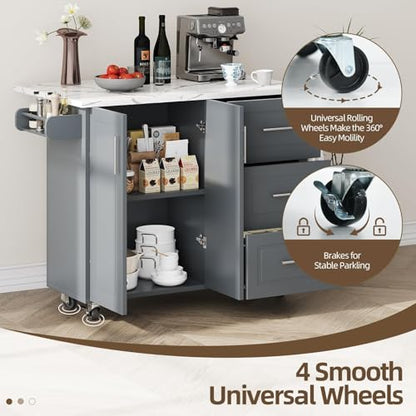 4 EVER WINNER 43" Kitchen Island with Drop Leaf, Rolling Kitchen Island | Modern Design, 4 Wheels, 3 Storage Drawers, Adjustable Shelf, Spice Rack & Towel Rack, Faux Marble Tabletop, Grey - style: Gray