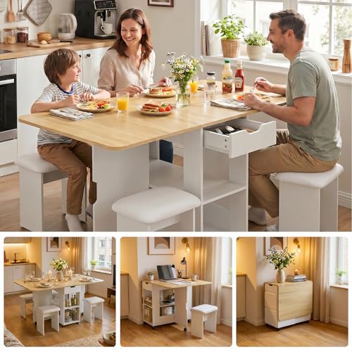 Mondeer 55" Folding Dining Table and Chairs Set 4, Cushioned Stools | 2 Drawers, Storage Shelves, Space Saving Table and Chairs for Kitchen Dining Room Small Spaces, Oak and White - color: Oak and White