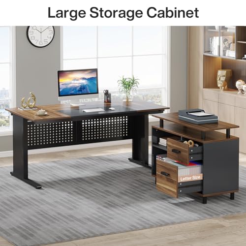 Tribesigns 63 Inch Executive Desk with Filing Cabinet, L Shaped Office Desk | Large Office Desk with File Drawer, L Shaped Desk with Storage, Computer Desk for Home Office, Easy Assembly, Brown and Black - color: Brown and Black