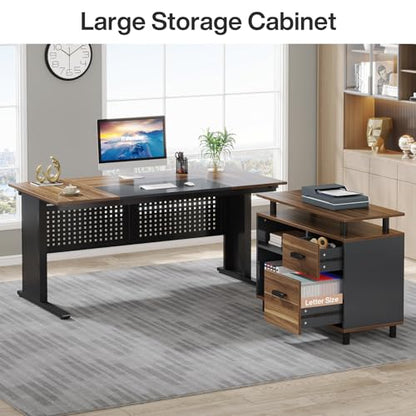 Tribesigns 63 Inch Executive Desk with Filing Cabinet, L Shaped Office Desk | Large Office Desk with File Drawer, L Shaped Desk with Storage, Computer Desk for Home Office, Easy Assembly, Brown and Black - color: Brown and Black