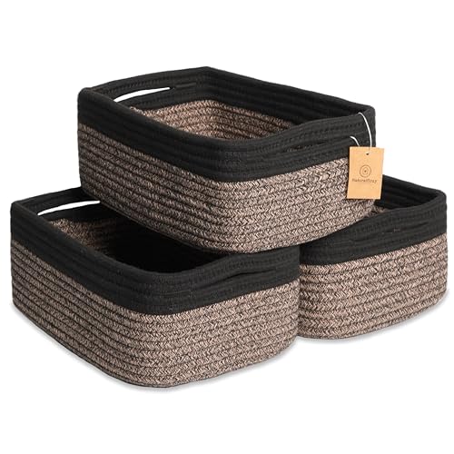 NaturalCozy 11.8"x8"x4.5” Rectangle Storage Baskets for Shelves 3 Pack | Cotton Rope Woven Small Baskets for Organizing | Small Storage Bins for Nursery, Bathroom, Closet, Shelf, Decorative, Gift - color: Black & Mixed Black, size: 11.8" x 8" x 4.5"