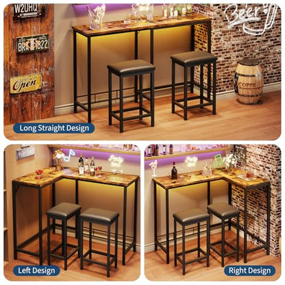 Bar Table and Chairs Set, 63'' L-Shaped Bar Table with 2 Stools, Counter Height Kitchen Table with Built-in Power Outlets, Left/Right/Straight Convertible Design, Faux Leather Upholstered Seating - color: Rustic