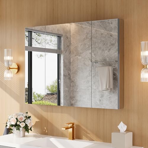 40" x 30" Bathroom Medicine Cabinet with Mirror, Recessed or Wall Mount | Medicine Cabinets with Adjustable Glass Shelves, Soft-Closed Hinge, Chrome Aluminum Frame, Reverse Installation - size: 40" x 30"