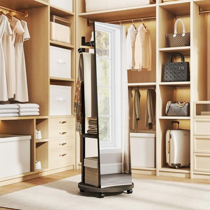 Tangkula 55" Full Length Mirror with Coat Rack, Standing Coat Tree | 2-Tier Shelves, Hanging Rods & Hooks, Explosion-Proof HD Mirror, 4-Wheel Swivel Design, For Entryway, Living Room, Bedroom - color: Black & Walnut