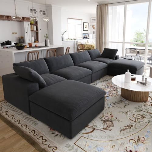 161" Cloud Modular Sofa, Convertible Modular U-Shaped Couch with Storage Ottoman, Cotton Linen Fabric Sofa for Living Room, Apartment and Bedroom, Removable Covers, 2 Pillows, Black - color: Black, size: U-Shape