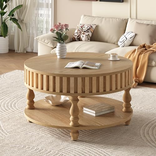 31.49" Round Wood Coffee Table with Storage 2-Tier Circle Fluted Coffee Tables Pottery Barn CountryRustic Center Tables with Lid & Shelffor Living RoomApartment Office- Natural - color: 2tier-natural, size: 31.5''Round