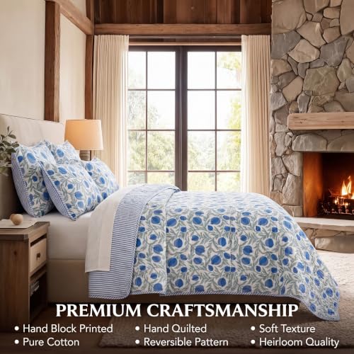 Block Print Reversible Cozy Quilt Queen Blue Twin 60" X 90" Lightweight Blanket for Sofa, Couch, Bed Soft Breathable Comforter Handmade Bedspread Duvet for Farmhouse, Home, Winter - color: Queen Blue, size: Twin 60" X 90"