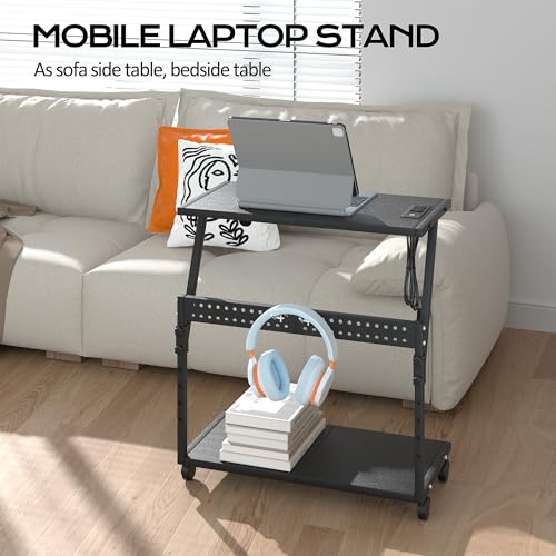 24In Large PC Stand, 5 Levels Height Adjustable Computer Tower Stand with Charging Station, Wheels and Hooks, CPU Holder Cart for Floor, Carpet and Under Desk, Easy Assembly（with Power Strips） - color: Black with Outlet