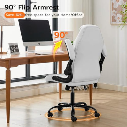 Ylzyxal Office Desk Chair, Ergonomic Computer Chair with Padded Flip-Up Arms and Adjustable Lumbar Support, PU Leather Executive Chair with Tilt Lock and 360° Swivel Rolling Wheels for Work, Study - color: White