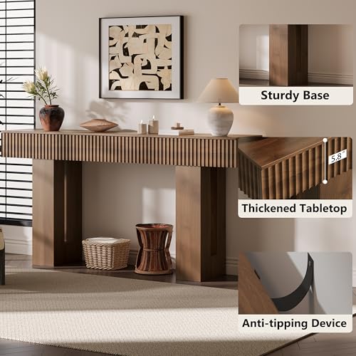 63-Inch Long Entryway Console Table with a Fluted Design, Thick Wood Farmhouse Sofa Table Behind Couch, Narrow Hallway Accent Table for Living Room, Foyer, Entrance,Modern Walnut - color: Walnut, size: 63 Inch