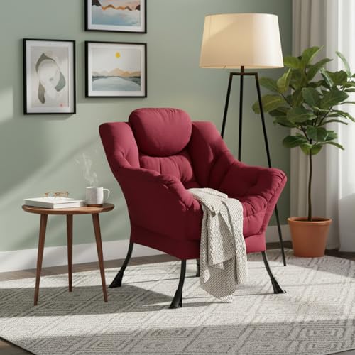 Welnow Burgundy Single Lazy Chair for Adults，Modern Reading Accent Chair | A Side Pocket,Armrests,Thick Cushioned Seat & Backrest, Lounge Reading Chair for Bedroom,Living Room & Small Space - color: Burgundy Without Stool