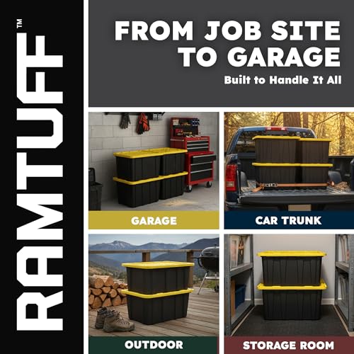 4 Pack Heavy Duty Stackable Storage Container with Snap-Tight Lid, Resistant To Weather Organization Tote, 27 Gallon, Black and Yellow - size: 4 pcs