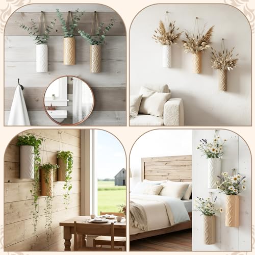 Ceramic Boho Wall Vases Set of 3, 7.9 Inch Modern Hanging Vase for Living Room Bedroom, Farmhouse Art Wall Decor Geometric Minimalist Hanging Flower Vase, Women