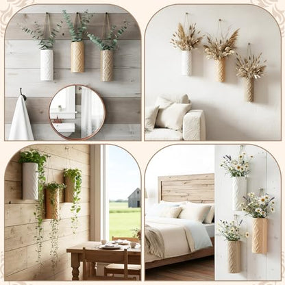 Ceramic Boho Wall Vases Set of 3, 7.9 Inch Modern Hanging Vase for Living Room Bedroom, Farmhouse Art Wall Decor Geometric Minimalist Hanging Flower Vase, Women