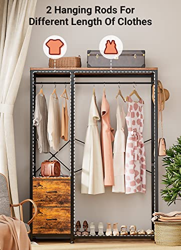 Clothes Rack with 2 Rods, Shelves, Drawers & Hooks, Garment Rack | Clothes rack with 2 hanging rods (50lbs each), 2 shelves, 2 fabric drawers & 4 hooks. 300lb total capacity. Fits small spaces - color: Rustic Brown