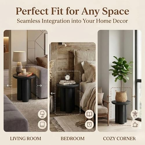 Relso Gaia Round End Table for Living Room and Bedroom, Solid Mango Wood Side Table or Nightstand, Black Finish, Compact Rustic Design, Boho Modern Farmhouse Style - color: Gaia-black