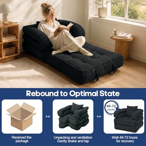 Folding Sofa Bed, Convertible Sleeper Chair with Armrests for Adults, Foldable Corduroy Boneless Bed, 3-in-1 Portable Futon Couch Floor Sofa with Pillow for Bedroom, Living Room, Black