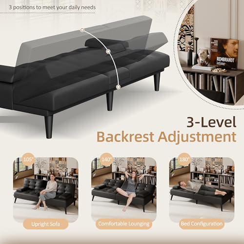 Shintenchi Futon Sofa Bed, Leather Foldable Futon Couch, Reclining Sleeper with Removable Armrests, Upholstered Loveseat Sofa Couch with Folding Cup Holders for Home, Office(Black)