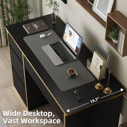 4 EVER WINNER 47-Inch Fluted Computer Desk with 4 Drawers, Black and Gold | Compact Home Office Desk with 4 Storage Drawers, Including a Deep File Drawer, for Bedroom, Study or Small Spaces - color: Black