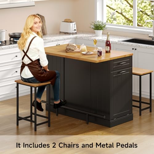 47" Kitchen Island with Seating, Stationary Island Table with Storage Include 2 Chairs, Kitchen Islands with Drop Leaf, Dining Table with Trash Cabinet & Power Outlet & Spice Rack, Black - color: Black