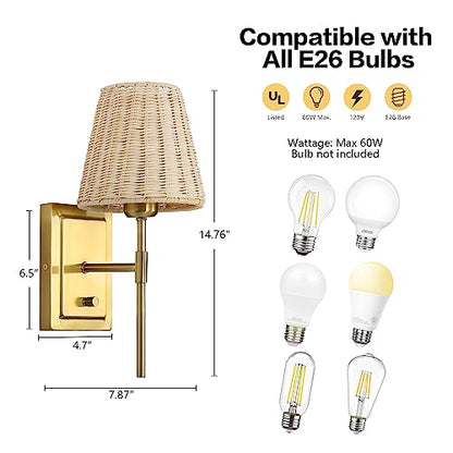 WINGBO Wall Sconce Rattan Wrapped Wall Lamp Set of 2, Wall Light Gold Light Fixture Vintage Bedside Light Wicker Handmade Shade Brass Reading Light Plug in or Hardwire Gold