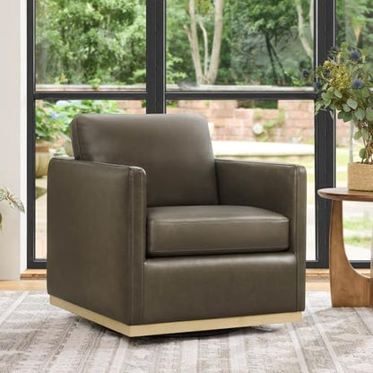 CHITA Genuine Leather Swivel Chair, Wood Frame, Fully Assembled, Mink Brown | Leather Arm Chair with 360° Swivel Solid Wood Base, Mid Century Modern Living Room Chair, 33"Dx30"Wx33"H, 300 Lb Capacity - color: Mink Brown
