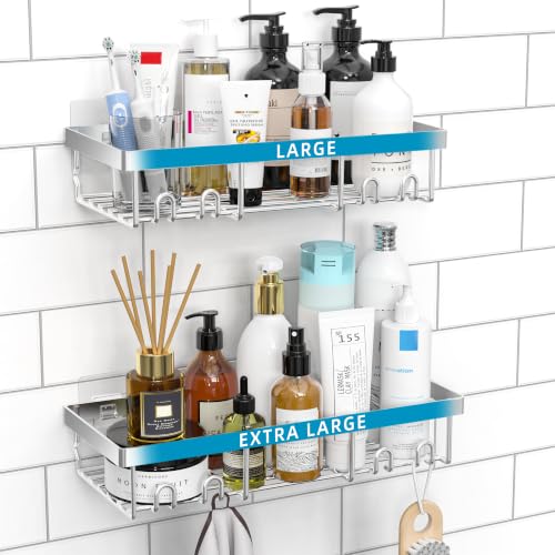 Moforoco Large Silver Shower Caddy Shelf Organizer Rack, Self Adhesive Bathroom Shelves Basket, Home Farmhouse Wall Inside Organization and Storage Decor Rv Accessories - color: Silver, size: Large