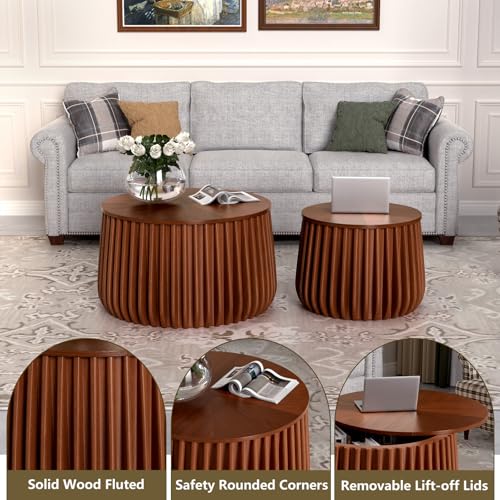 Nesting Coffee Table Set of 2, Round, Walnut | Hidden Storage, Solid Wood, Stackable End Tables, Circle Side Tables for Small Space Living Room Apartment - color: Walnut 26.77"