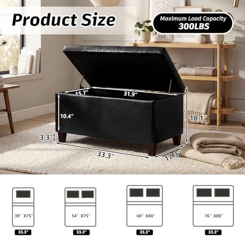 Storage Ottoman Bench, 33 Inches Faux Leather Rectangle Tufted Foot Stool for End Foot of Bed, Bedroom, Living Room, Black - color: Rectangular Black