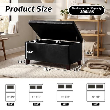 Storage Ottoman Bench, 33 Inches Faux Leather Rectangle Tufted Foot Stool for End Foot of Bed, Bedroom, Living Room, Black - color: Rectangular Black